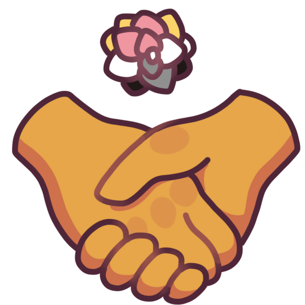 two clasped hands with a multicolored rose above them. The rose is yellow, pink, white, grey, and black.